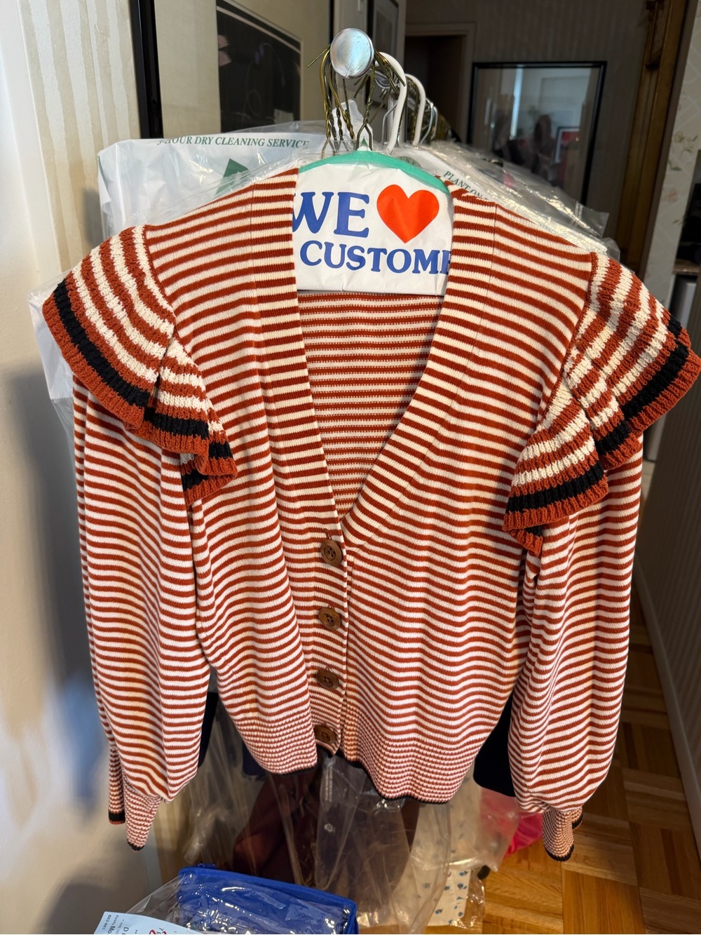Ulla Johnson Rust and White Striped Button-Front Cardigan with Ruffle Shoulders